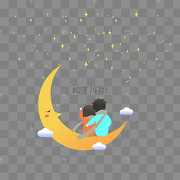 七夕节情侣坐月亮上看星星