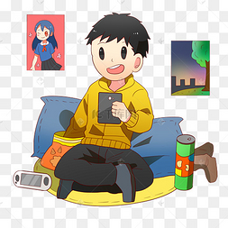 手绘宅男玩手机插画