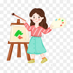 卡通手绘画画的女孩png免抠图