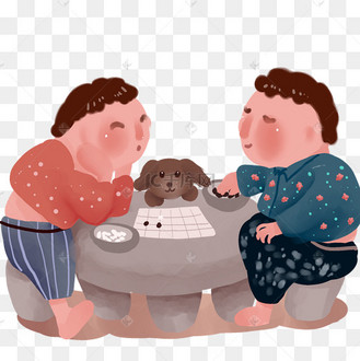 手绘中国风年画一起下棋过年的场景