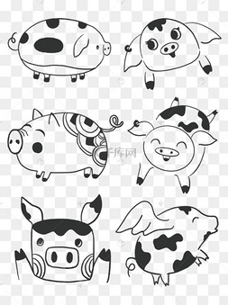 猪年简约可爱黑白手绘小猪素材元