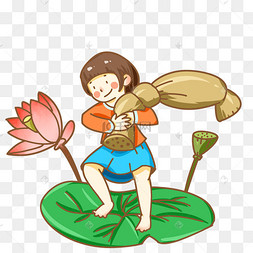 夏天抱着莲藕的女孩手绘