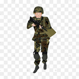 建军节拿枪背包迷彩解放军行军卡通人物