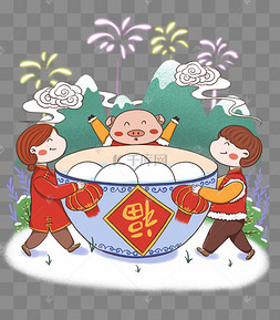 小清新元宵节抱着碗的人物和猪