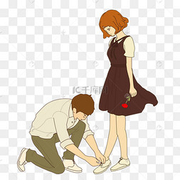 七夕情人节男生为女生系鞋带插画