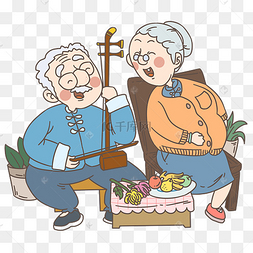 恩爱老夫妻拉二胡插画