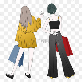 双十一大促闺蜜购物逛街卡通主题插画美女背影