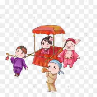 新年庙会抬轿子扭秧歌队伍卡通手绘场景