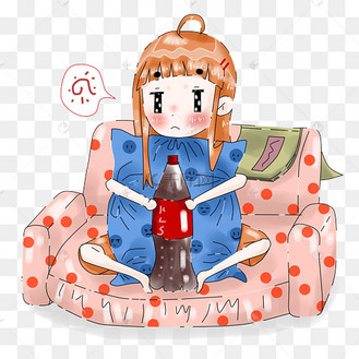 手绘放假看电视剧喝肥宅快乐水的小女孩插画png