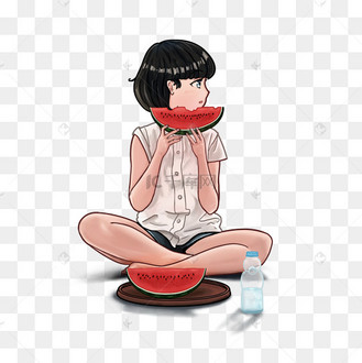 夏季清凉解暑日系卡通盘腿坐着吃西瓜的少女