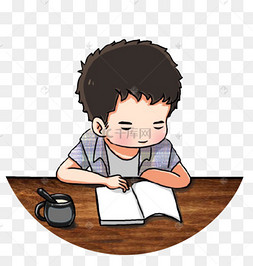 手绘图书馆读书的小男孩