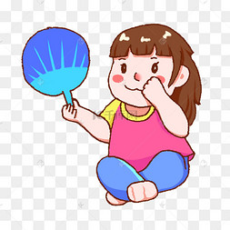 夏季扇扇子的女孩手绘插画