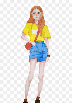 日系手绘少女街拍全身免抠插画
