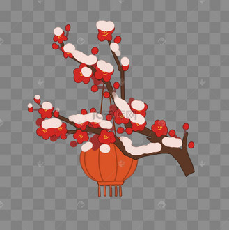 手绘冬季雪压梅花树插画
