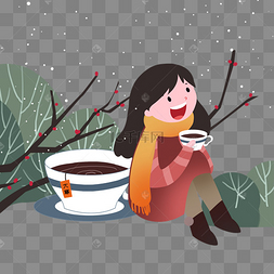 大寒喝茶的小女孩下载 png下载psd卡通人物喝饮料男孩下载 png下载psd