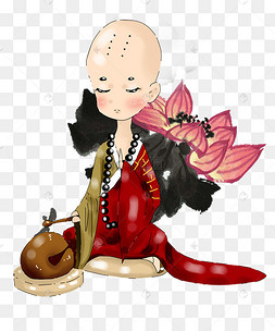 卡通厚涂古风敲木鱼的和尚插画png