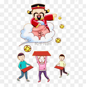新年狂欢人物手绘财神爷撒钱png免抠