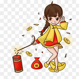 卡通手绘点炮竹迎春节的美丽女孩创意海报手绘男孩和女孩春节开心点炮