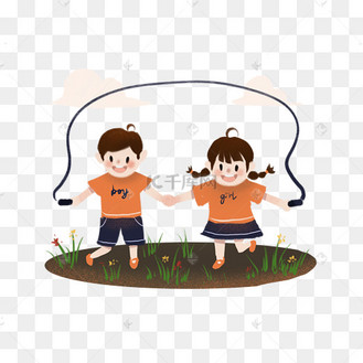 卡通手绘可爱男女童快乐手拉手草地跳绳场景