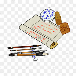 黑色毛笔砚台中国风印泥和印章书法毛笔学习教育插画文房四宝书法热门