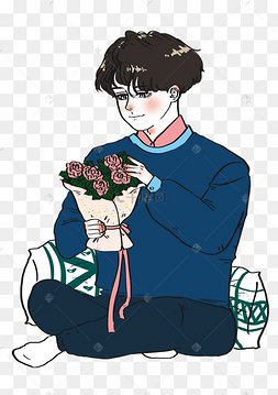 情人节玫瑰花束甜蜜腼腆男孩卡通