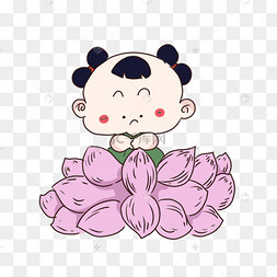 手绘卡通坐在莲花上的年画宝宝