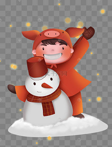 冬天小雪儿童玩雪堆雪人
