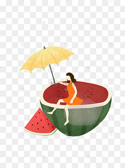 夏季手绘撑着伞坐在西瓜上的女孩