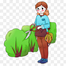 手绘小清新绿色户外割草的园艺