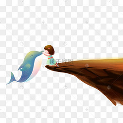 卡通小女孩和鲸鱼