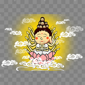 白色卡通手绘插画观音菩萨千手观音免抠