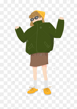 手绘卡通穿绿色衣服的女孩