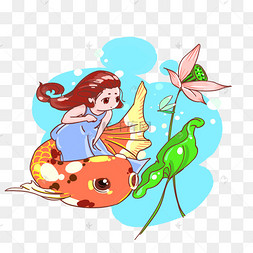 手绘女孩荷花
