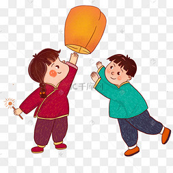 png下载psd元宵节女孩放灯花灯孔明灯手绘插画psd下载 p