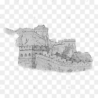 手绘长城黑白素描素材