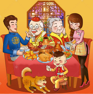 卡通新年场景团圆年夜饭一家团聚
