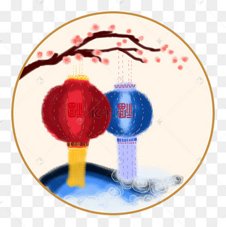 中国风之张灯结彩悬挂梅枝的灯笼手绘免抠高清图