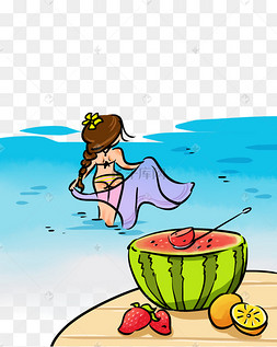 夏日海滩度假清新q版风格下载 png下载psd动漫厚涂手绘夏日度假游泳