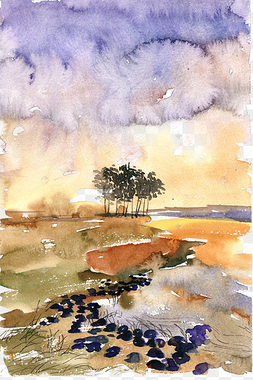 霞光满天水彩画png免抠素材