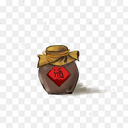 瓦罐深棕色手绘酒坛png元素