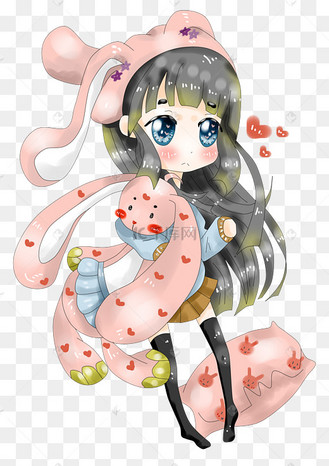 动漫厚涂手绘抱着玩偶的女孩插画高清png