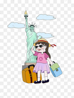 假期女孩美国自由女神像旅游插画