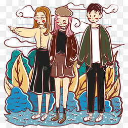 手绘文艺范男女闺蜜情侣游玩