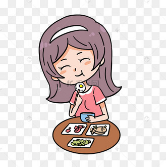 手绘吃饭的女孩免抠图