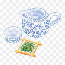 水墨青花瓷茶具插画