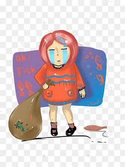 买鱼少女破麻袋哭泣伤心乞丐女孩
