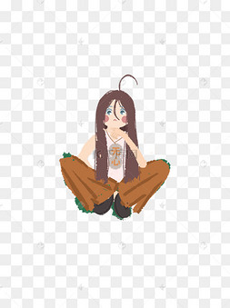 坐在地上思考的女生卡通元素