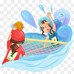 psd夏天暑假水上运动手绘插画下载 png下载psd两个蓝黄色的排球下载