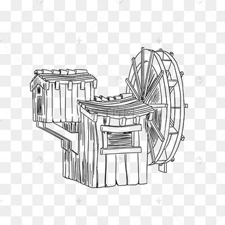 卡通农场水车线描插画