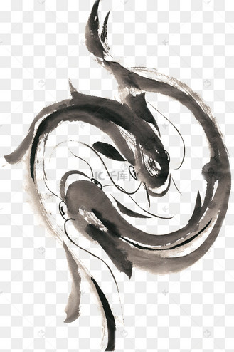 八卦图形双鱼水墨画png免抠素材